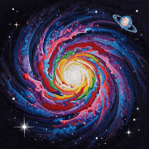 Vibrant digital artwork of a colorful, swirling galaxy with a bright central sun, surrounded by red, blue, and green energy loops, and a