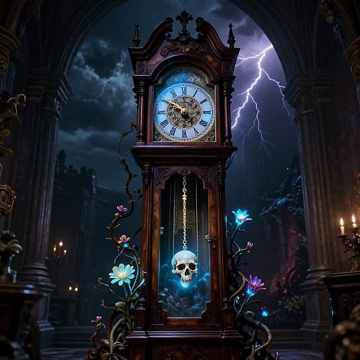 Gothic clock tower with glowing blue face, skull in center, surrounded by flowers and lightning in stormy night, archway background. Digital art