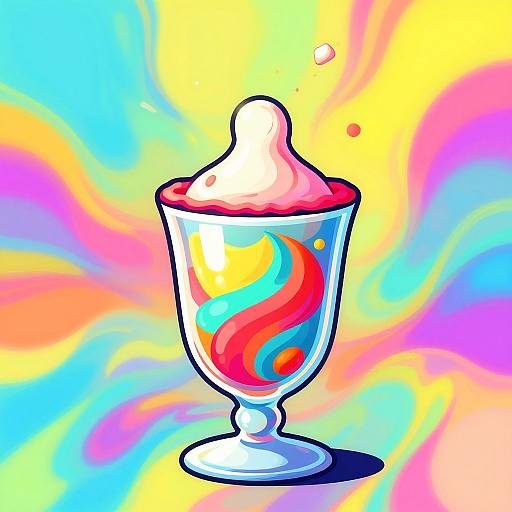 Vibrant digital illustration of a swirled sundae with a creamy scoop, set against a colorful, psychedelic background. Bright, bold colors and
