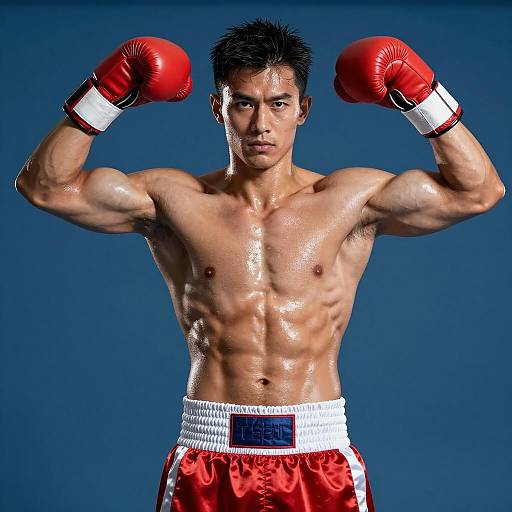 Powerful Boxer Flexing Against Blue Background
