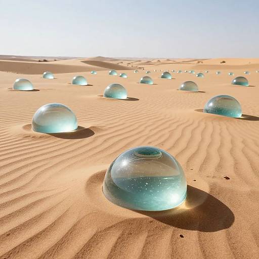 Photograph of a desert with numerous translucent blue glass domes scattered across rippled sand dunes under a clear blue sky.