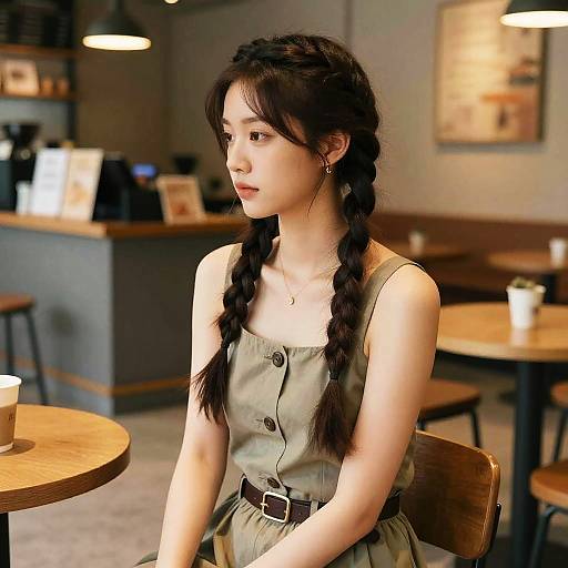 Photograph of an Asian woman with long black braided hair, wearing a sleeveless green dress, sitting in a cozy, warmly-lit café.