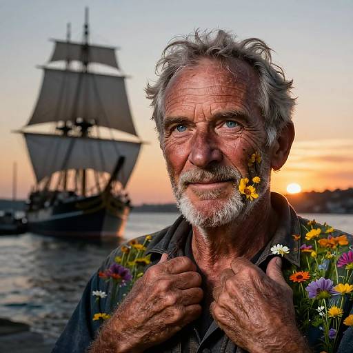Photograph of an elderly man with gray hair and beard, wearing a floral shirt, holding flowers, against a sunset seascape with a tall ship in