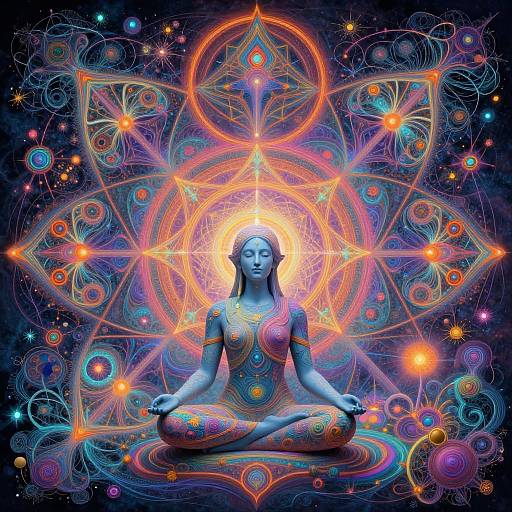 Digital art of a blue-skinned, meditating woman in colorful, intricate, cosmic patterns with glowing geometric shapes and vibrant, swirling designs behind her.