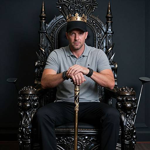 Photograph of a muscular man in a gray polo, black cap, and black pants, sitting on an ornate black throne with a gold crown,