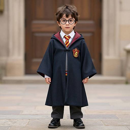Photograph of a young boy with dark hair, glasses, wearing a Harry Potter robe, white shirt, orange tie, and black shoes, standing in