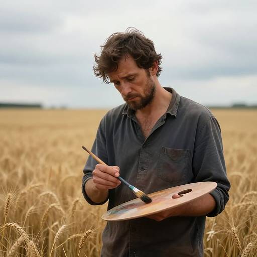 Photograph of a bearded, dark-haired man in a black shirt playing a small drum in a golden wheat field under a cloudy sky.