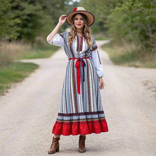 Photograph of a smiling woman in a long, white, embroidered dress with red trim, red belt, and brown boots, wearing a straw hat,