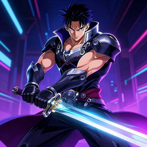 Digital anime-style artwork of a muscular, black-haired male warrior in dark armor, gripping a glowing blue sword, set against a neon-lit futuristic background