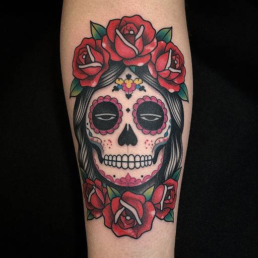 Vibrant tattoo of a sugar skull adorned with red roses and green leaves, featuring black hair and colorful floral accents on a human forearm.