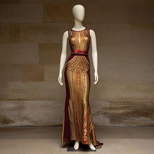 Elegant Gold and Maroon Gown Mannequin