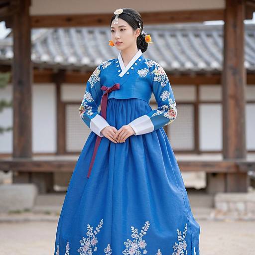 Photograph of an East Asian woman in traditional Korean hanbok, blue dress with white floral embroidery, black hair in bun, wooden building background.