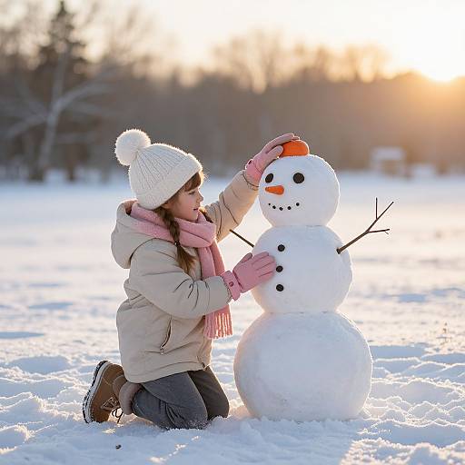 Photograph of a young girl in a beige coat, pink scarf, and white knit hat, kneeling in snowy field, building a snowman with orange