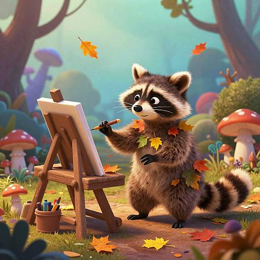 Pixar-Style Raccoon Painting Autumn