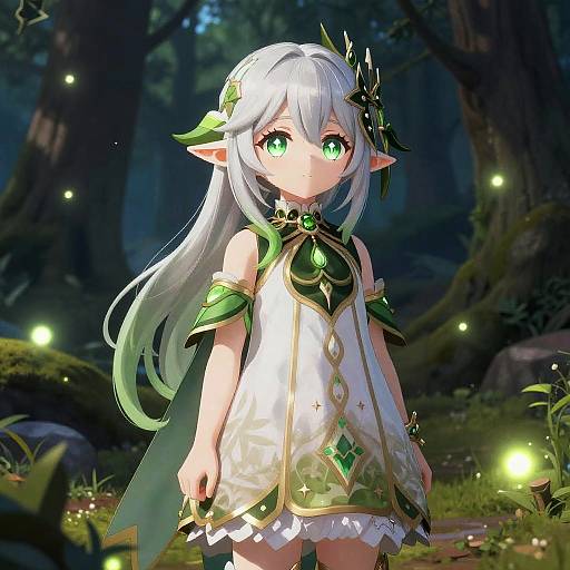 Digital anime-style drawing of a cute, young, silver-haired elf girl with green eyes, wearing a white and green fantasy outfit, standing in a moon