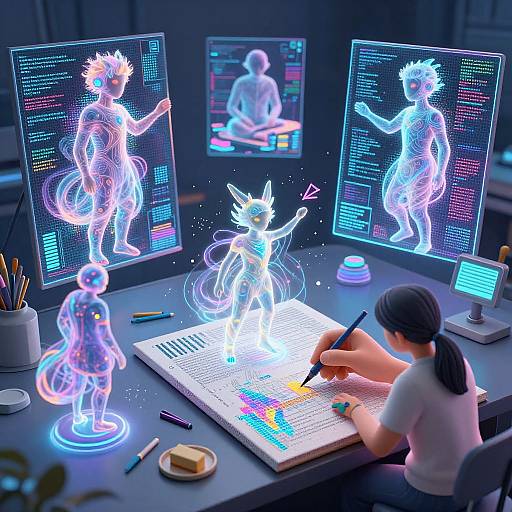 Digital art: Neon-lit, futuristic artist in white shirt sketches glowing, wireframe humanoid figures on three screens, surrounded by colorful charts and tools.