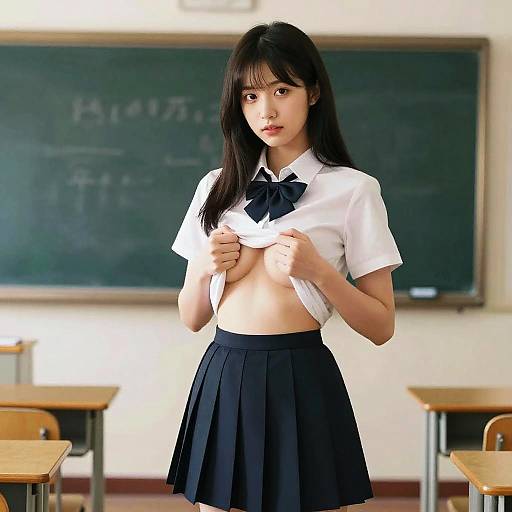 Photograph of an Asian woman in a school uniform, lifting her white shirt to reveal her bare midriff in a classroom with chalkboards and desks