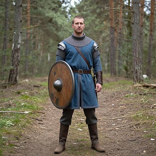Photograph of a muscular, fair-skinned man with short brown hair, wearing medieval armor, blue tunic, and brown boots, holding a wooden