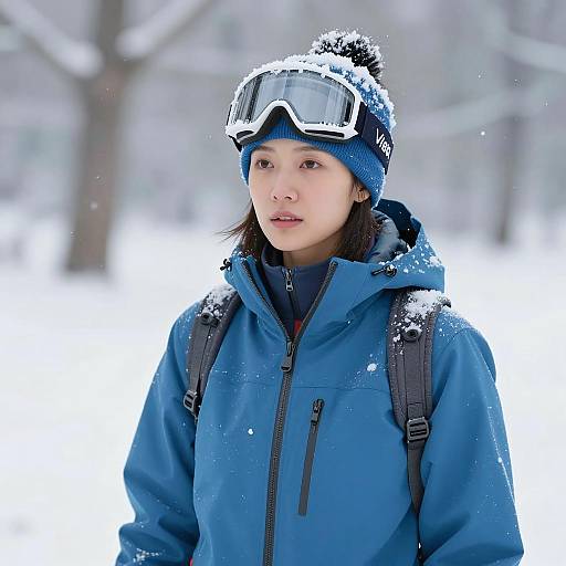 Woman in Blue Winter Jacket with Snow Goggles