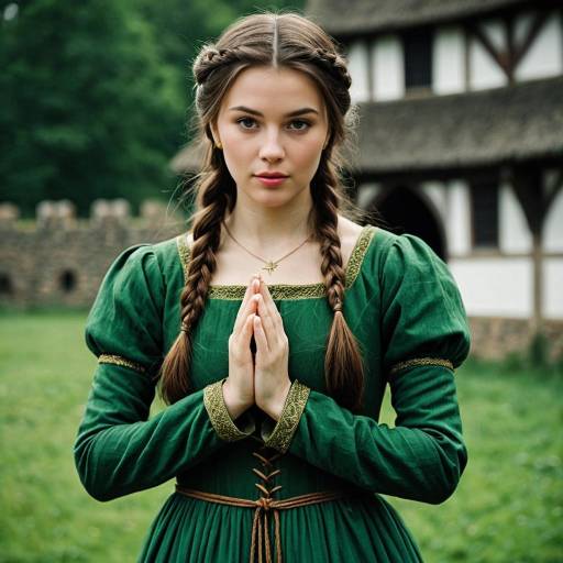 Elegant Girl in Green Medieval Dress