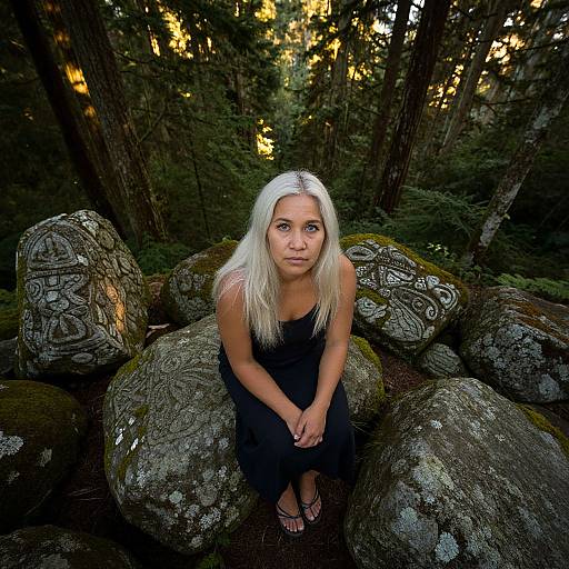 Photograph of a young woman with long white hair, wearing a black dress, sitting among large, moss-covered, carved rocks in a dense forest at