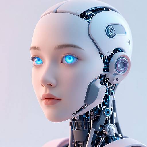 CGI image of a sleek, white-skinned, blue-eyed female robot head with cybernetic components, glowing eyes, and intricate black and silver