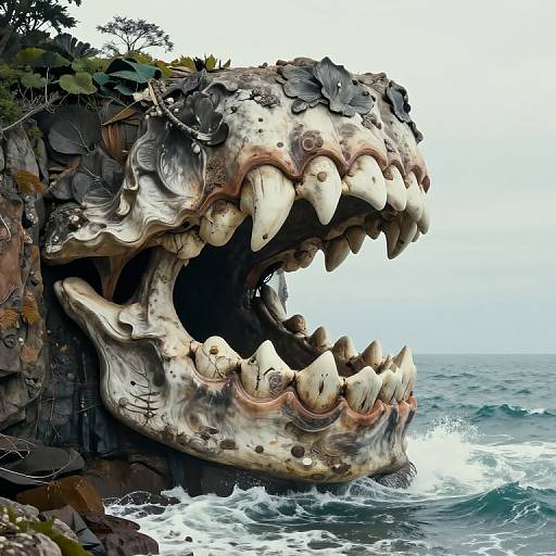 Photorealistic CGI of a giant, grotesque, toothy sea monster head emerging from rocky cliffside, with waves crashing below and overcast sky