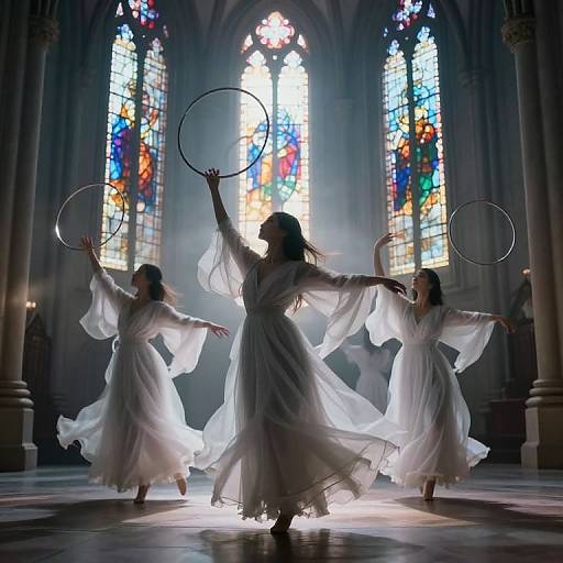 Photograph of three women in flowing white dresses, dancing with hula hoops, silhouetted against vibrant stained glass windows in a dimly lit