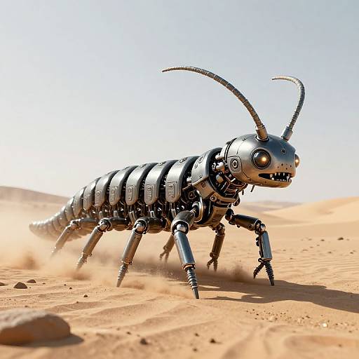 Photorealistic CGI of a metallic, robotic centipede with segmented body, curved antennae, and sharp claws running through a bright, sandy desert