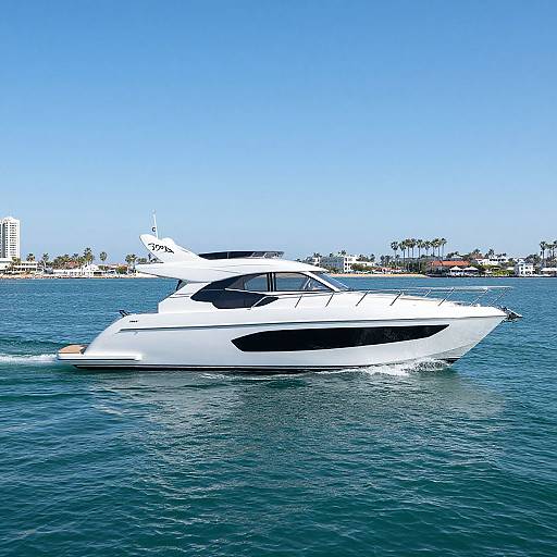 Photograph of a sleek, white luxury yacht with black accents cruising on calm, blue ocean waters under a clear sky, with a coastal cityscape and