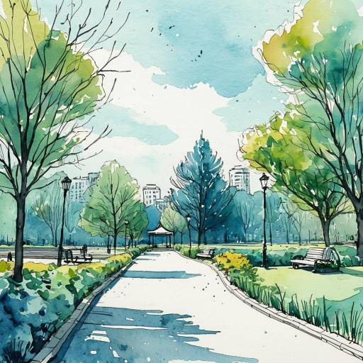 Vibrant Watercolor Park Scene Artwork