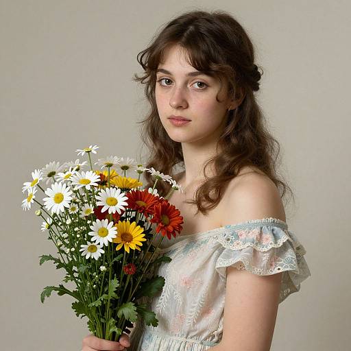 Photograph of a young, fair-skinned woman with wavy brown hair, wearing an off-shoulder white floral dress, holding a bouquet of