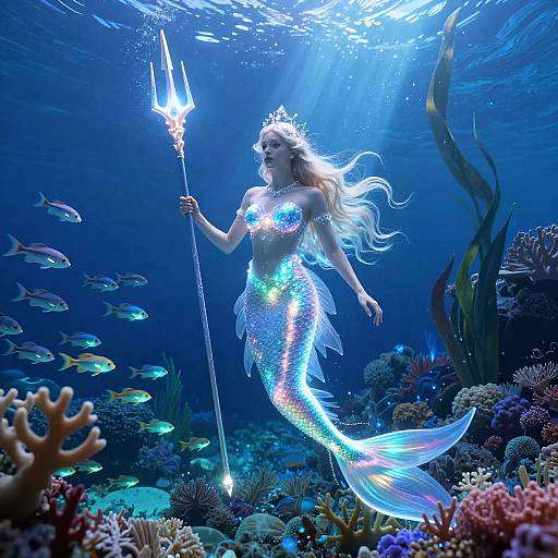 Luminous Mermaid Queen with Trident Underwater