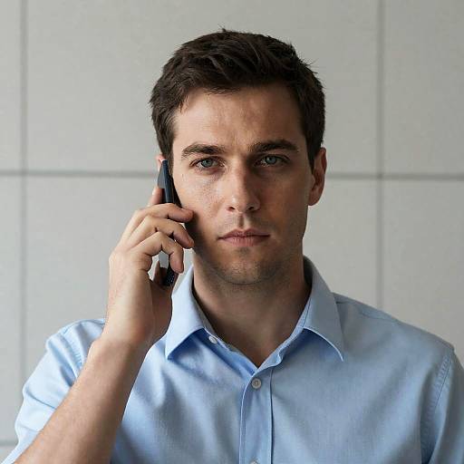 Serious Man with Phone Against Tiled Wall
