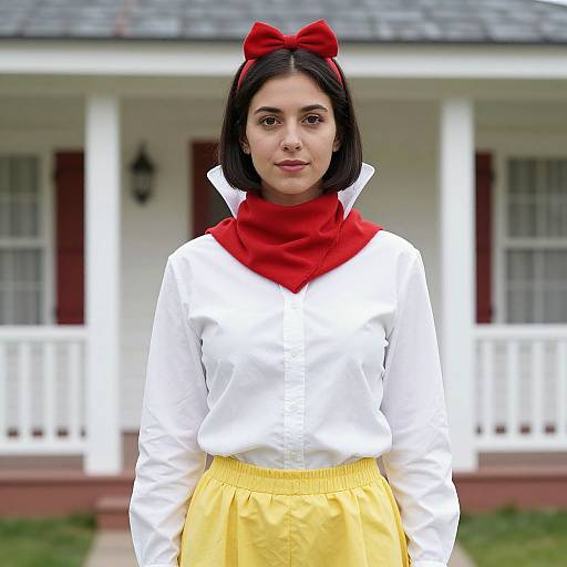 Photograph of a young woman with medium brown skin, black bob haircut, wearing a white blouse, red scarf, yellow skirt, and red bow,