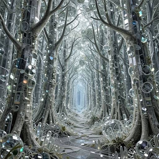 Fantastical forest photograph with tall, twisted trees adorned with glowing, multicolored bubbles, creating a surreal, illuminated pathway into a misty,