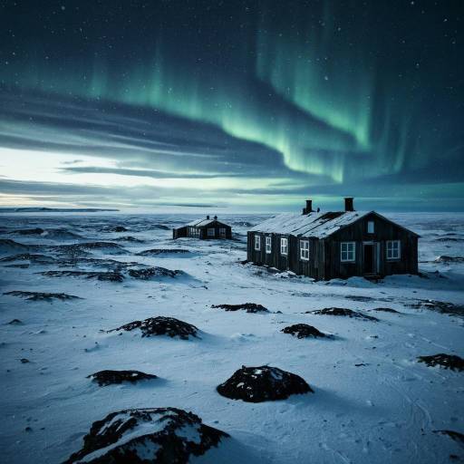 Arctic Tundra with Abandoned Research Station and Aurora