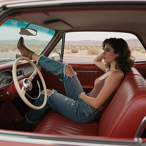 Woman Relaxing in Vintage Red Classic Car