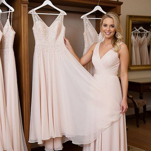 Photograph of a smiling blonde woman in a white, sleeveless, V-neck gown, holding another similar dress in a wooden display closet.
