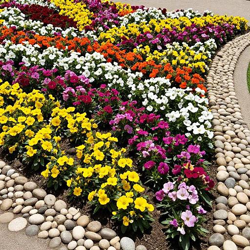 Vibrant flower garden with rows of yellow, white, pink, red, and orange flowers, bordered by smooth, round, beige stones. Phot