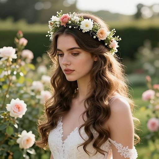 Photograph of a young woman with long, wavy brown hair, wearing a white lace dress and floral crown, standing in a sunlit garden filled