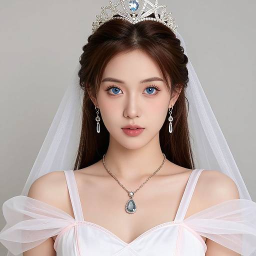 Photograph of a young woman with blue eyes, fair skin, wearing a white wedding dress, tiara, veil, and teardrop earrings.