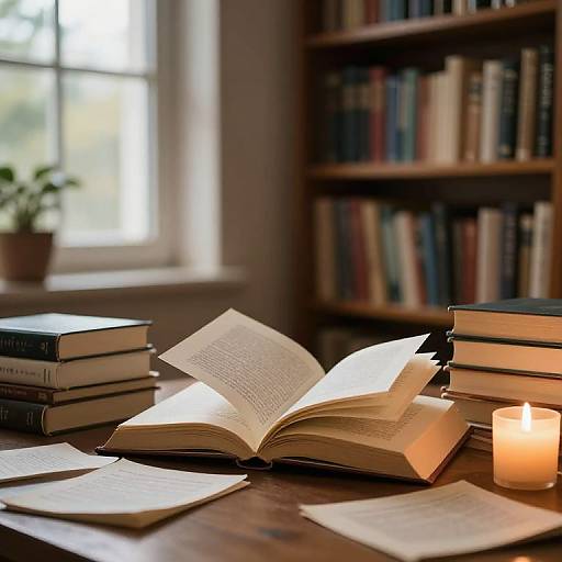 Photograph of an open book illuminated by a candle, stacks of books, and a potted plant in a cozy library.