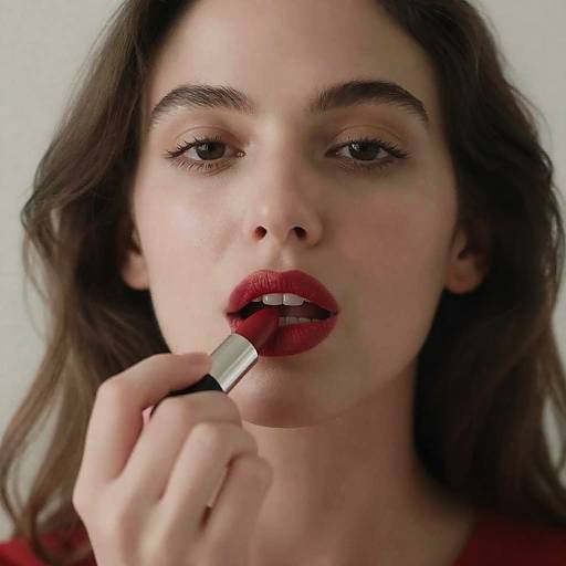 Beauty Close-Up: Woman Applying Red Lipstick