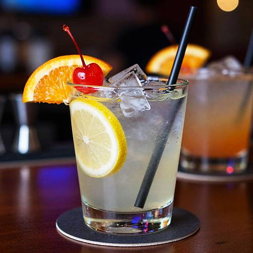 Photograph of a refreshing cocktail with lemon slice, cherry garnish, ice cubes, black straw, on a dark wooden bar. Blurred background.