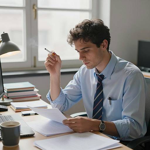 Man Smoking and Reviewing Documents at Office Desk