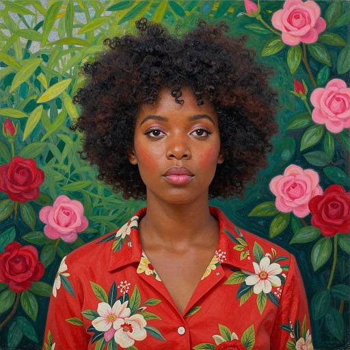Digital painting of a Black woman with curly hair, wearing a red floral shirt, surrounded by pink and red roses.