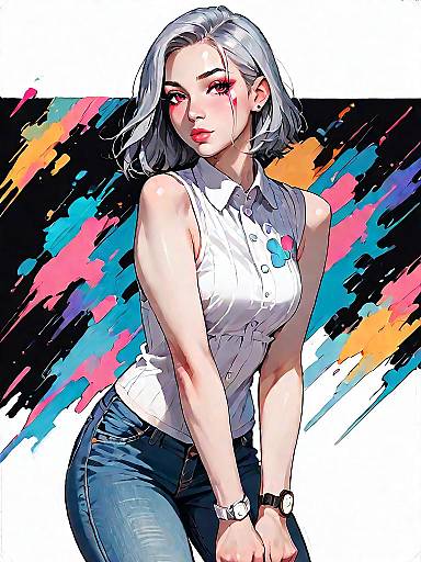 Stylish Woman with Silver Hair and Denim Jeans