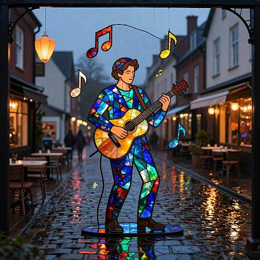 Stained-Glass Street Musician at Twilight