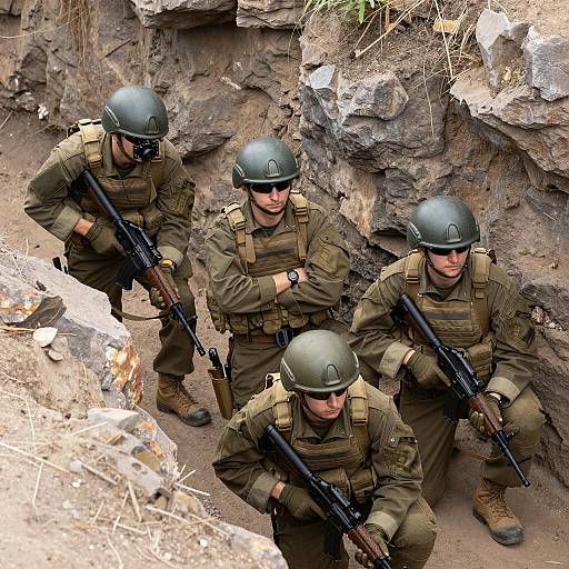 Soldiers in a Rocky Trench Scene